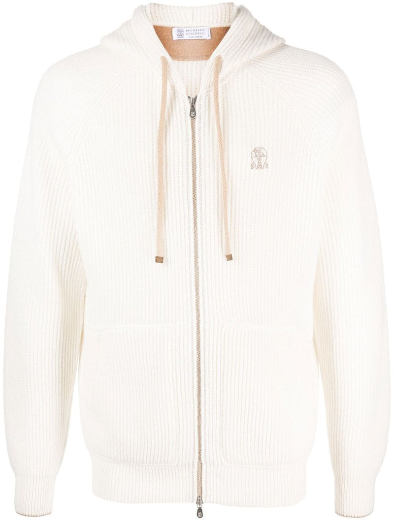 BRUNELLO CUCINELLI Logo-Embroidered Ribbed Cashmere Zip-Up Hoodie for Men