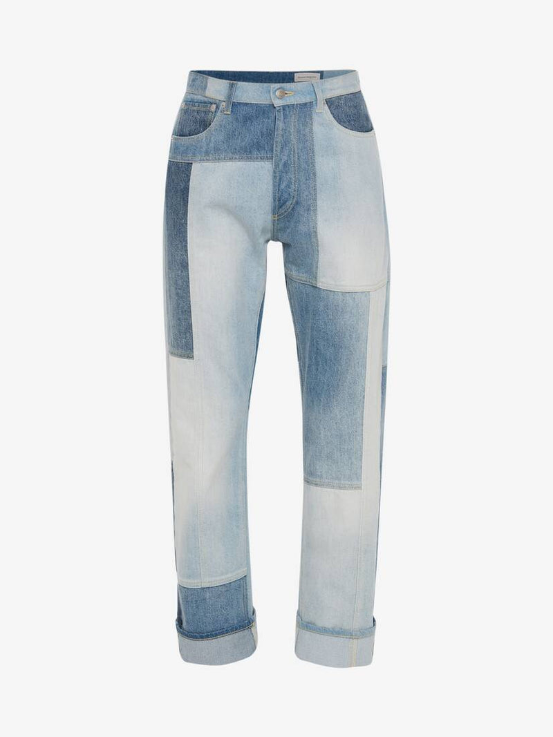 Men's Patchwork Wide-leg Jeans in Washed Blue