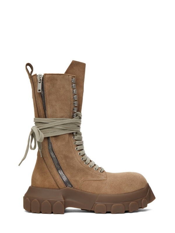 RICK OWENS Taupe Lace-Up Tractor Boots